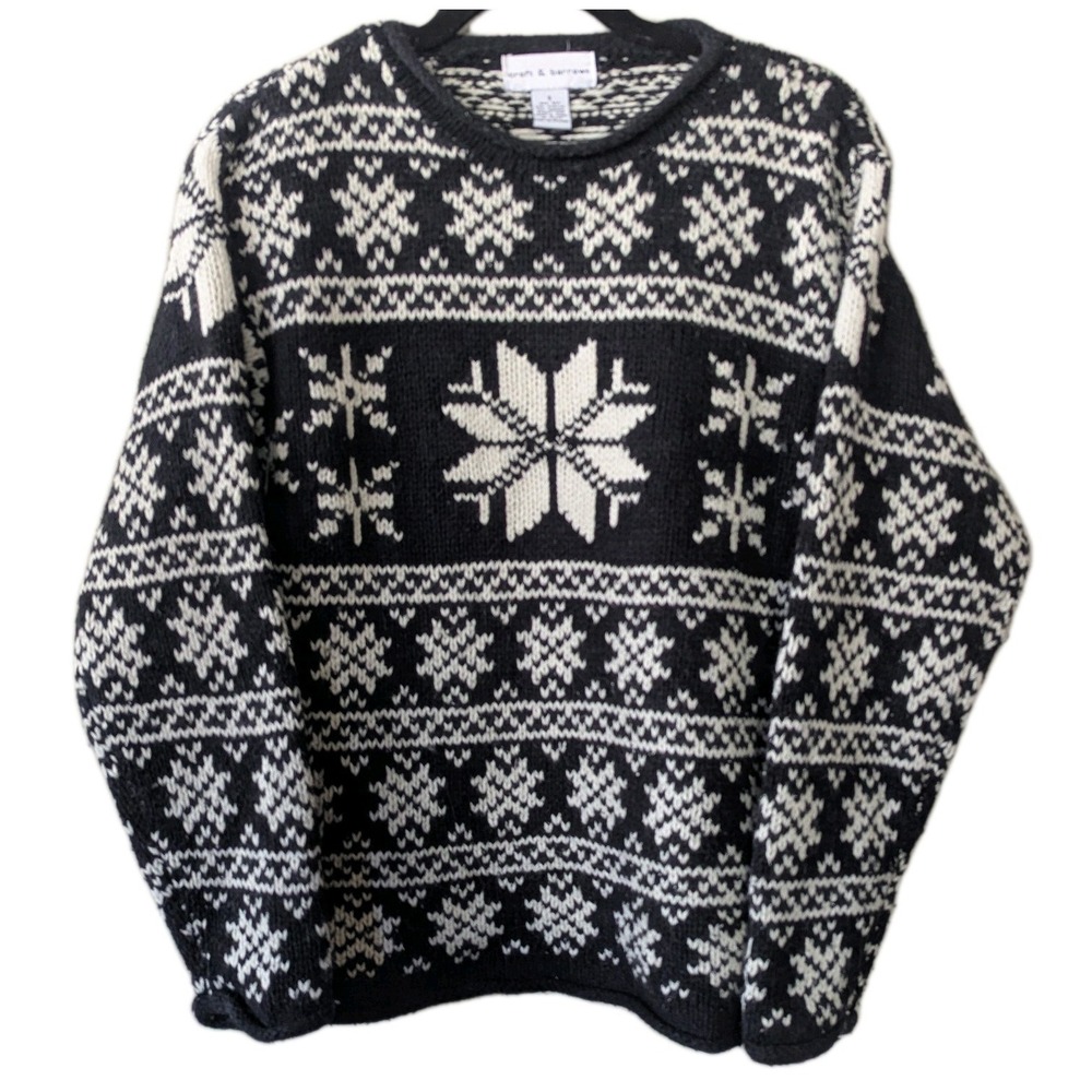 S Women Croft & Barrow Silk Acrylic Angora Snowflake Navy Knit Nordic Sweater